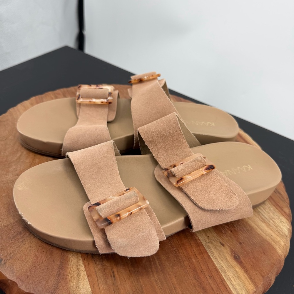 KAANAS Kuala Suede Dual-Buckle Pool Slides blush/cocoa tortoise-shell buckles 9